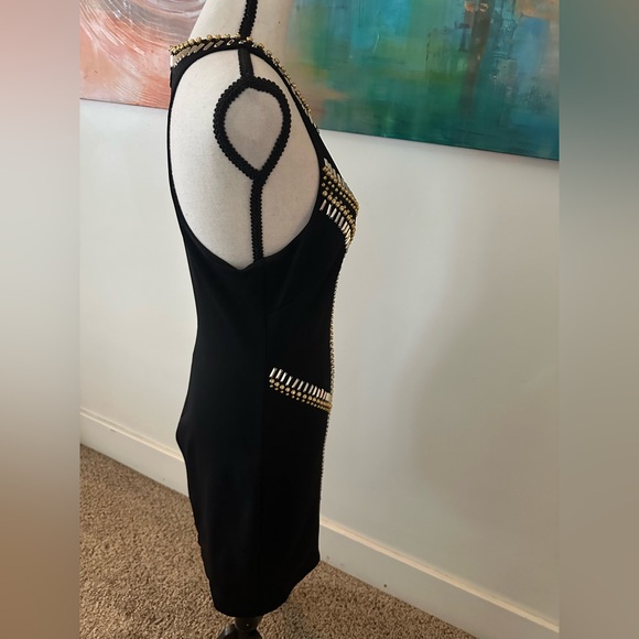 Bebe Bodycon Stretch Ponte Beaded High Neck Scoop Back Cocktail Mini Dress M - Picture 7 of 14